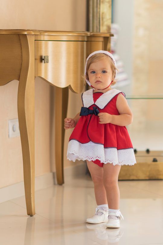 Vestido/capota/braguita rojo volantes tira bordada bebé Dolce Petit