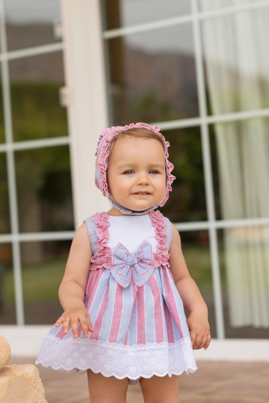 Vestido/capota/braguita listas rosas/azules volante tira Dolce Petit
