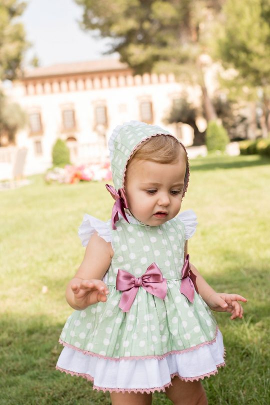 Vestido/capota/braguita plumeti verde topos bebé Dolce Petit