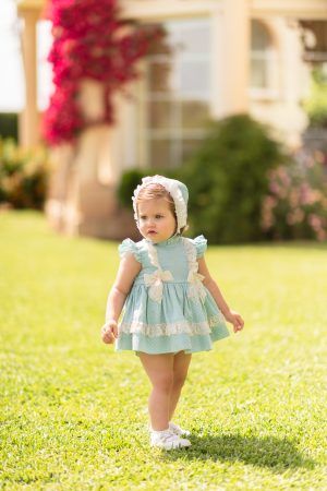 Vestido/capota/braguita plumeti verde agua tiras Dolce Petit