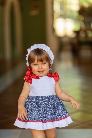 Vestido/capota/braguita combi blanco/marino falda flores Dolce Petit