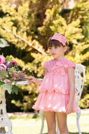 Vestido rosa volantes combi topos/listas Dolce Petit