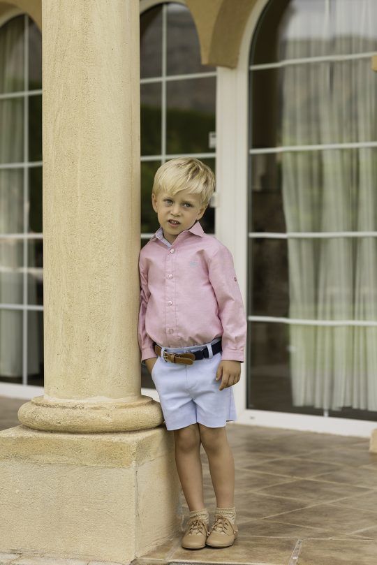 Camisa manga larga rosa con pantalón corto celeste Dolce Petit