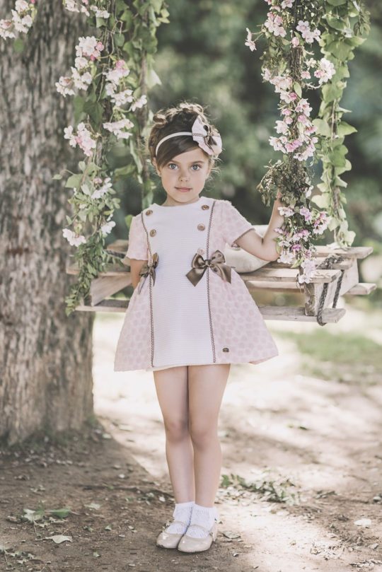 Vestido doble hilo topos rosa combi botones/lazos Dolce Petit