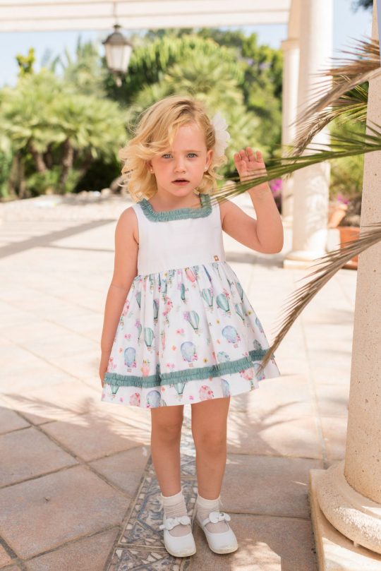 Vestido blanco estampado/globos ribete verde Dolce Petit