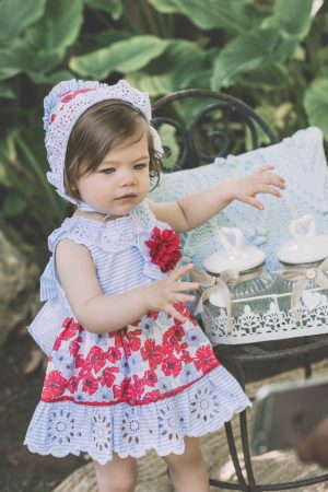 Vestido-capota-braguita celeste rayas perforado combi Dolce Petit